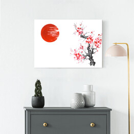 Obraz na płótnie Tradycyjne japońskie malarstwo - słońce i kwitnąca wiśnia