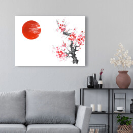 Obraz na płótnie Tradycyjne japońskie malarstwo - słońce i kwitnąca wiśnia
