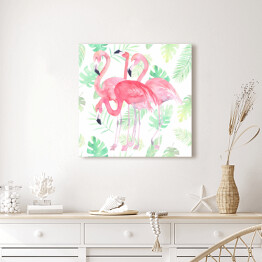 Obraz na płótnie Flamingi i zielone liście