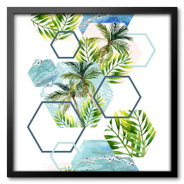 Obraz w ramie Tropikalne liście i drzewka palmowe w geometrycznych kształtach 