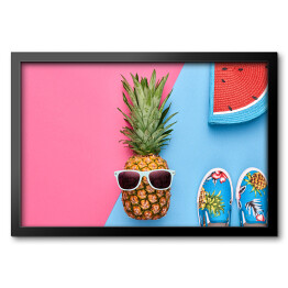 Obraz w ramie Ananas - hipster z letnimi akcesoriami
