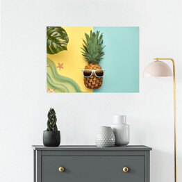 Plakat samoprzylepny Ananas - hipster z tropikalnym liściem i rozgwiazdami