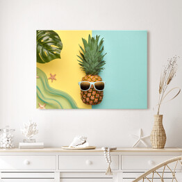 Obraz na płótnie Ananas - hipster z tropikalnym liściem i rozgwiazdami