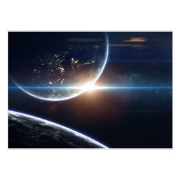 Plakat Tapeta kosmiczna science fiction, niesamowicie piękne planety, galaktyki, mroczne i zimne piękno niekończącego się wszechświata. Elementy tego obrazu dostarczone przez NASA