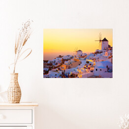 Plakat samoprzylepny Złoty zachód słońca na Santorini, Grecja