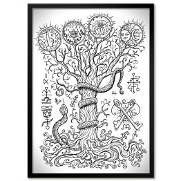 Plakat w ramie Biało czarna ilustracja z drzewem i mistycznymi znakami