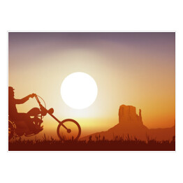 Plakat Motocyklista na tle zachodu słońca w pomarańczowym i niebieskim odcieniu