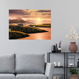 Plakat Domy na fiordach o zachodzie słońca