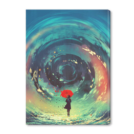 Obraz na płótnie Kobieta z czerwoną parasolką na tle barwnych okręgów