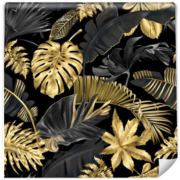 Tapeta winylowa zmywalna w rolce Złoto czarna dżungla. Monstera, liście palmowe i liście bananowca w nowoczesnym wydaniu