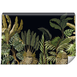 Fototapeta Motyw egzotycznej roślinności z liśćmi palmy, bananowca oraz monstery w stylu vintage na ciemnym tle 