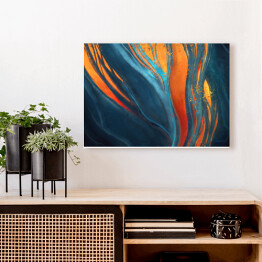 Obraz na płótnie Abstrakcja w odcieniach koloru niebieskiego ze zdobieniami w kolorach pomarańczowym i żółtym