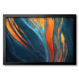 Obraz w ramie Abstrakcja w odcieniach koloru niebieskiego ze zdobieniami w kolorach pomarańczowym i żółtym