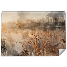 Fototapeta Cyfrowy akwarela obraz Krajobraz jeziora we mgle z blaskiem słońca na wschód słońca