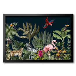 Obraz w ramie Fauna i flora dżungli na ciemnym tle