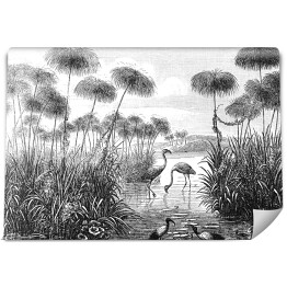 Fototapeta winylowa zmywalna Flamingi nad jeziorem w odcieniach koloru szarego