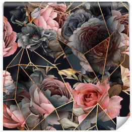 Tapeta w rolce spójny wzór kwiatowy z kwiatami na ciemnym tle, akwarela. Wzór szablonu dla tekstyliów, wnętrza, odzieży, tapety. Geometria kryształu. Złota tekstura