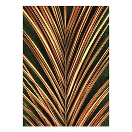 Plakat samoprzylepny Zbliżenie złotego liścia palmowego na abstrakcyjnym ciemnozielonym teksturowanym tle. Tropikalny konceptualny luksusowy elegancki modny art deco letnie tło. Flat lay. Symetryczna kompozycja