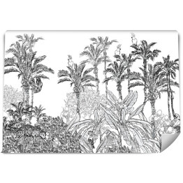 Fototapeta winylowa zmywalna Seamless Border Oleander i kwiaty hibiskusa w palmach z egzotycznych ptaków i Leopard, papugi i dzikie zwierzęta w tropikach, Toile Panorama Widok Fototapeta