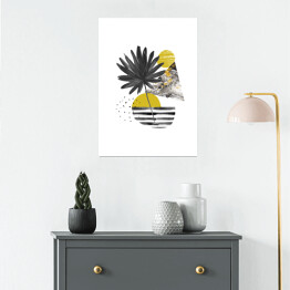 Plakat samoprzylepny Egzotyczny liść oraz geometria w odcieniach kolorów żółtego i szarego - kompozycja