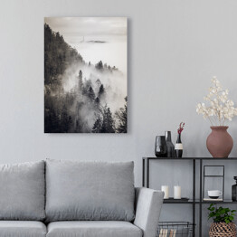 Obraz na płótnie Skandynawski las we mgle monochrom. Czarno biały krajobraz
