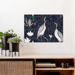 Plakat samoprzylepny Wzór w stylu orientalnym z ptakami i roślinami na jeziorze
