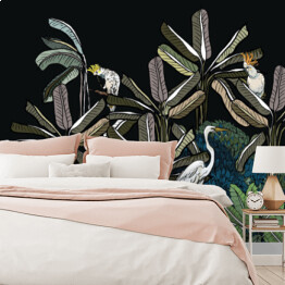 Fototapeta Night Palms w Rainforest Backdrop, egzotyczne ptaki w Tropical Planys Midnight Wallpaper Design, Panorama View Jungle Wildlife, Ręcznie rysowane Tropics Illustration