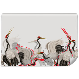 Fototapeta samoprzylepna Orientalny wzór z żurawiami mandżurskimi na jasnym tle