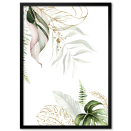 Plakat w ramie Akwarela - tropikalne kwiaty w jasnych, zielonych i złotych kolorach