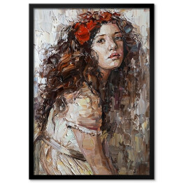 Plakat w ramie Portret dziewczyny z kwiatami w kręconych włosach. Malarstwo