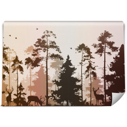 Fototapeta winylowa zmywalna spójny las sosnowy z jeleniem i ptakami