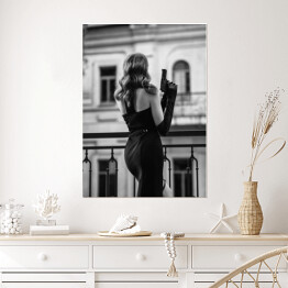 Plakat samoprzylepny Paryski balkon. Fotografia czarno biała kobiety w stylizacji retro