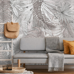 Fototapeta samoprzylepna Mural - tropikalne liście bananowca i palmy w odcieniach beżu i szarości
