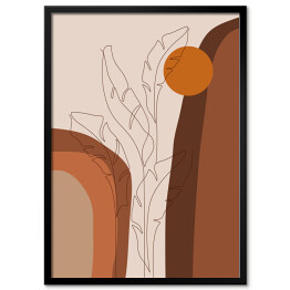 Plakat w ramie Abstrakcyjny tropikalny krajobraz i rysowane jedną linią liście bananowca. Kompozycja geometryczna w odcieniach brązu i beżu