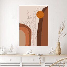 Plakat samoprzylepny Abstrakcyjny tropikalny krajobraz i rysowane jedną linią liście bananowca. Kompozycja geometryczna w odcieniach brązu i beżu