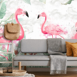 Fototapeta samoprzylepna flamingi w tropikalnych strumieniach z teksturowanym tłem, fototapeta