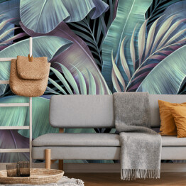 Fototapeta Tropikalny egzotyczny spójny wzór. Piękna palma, liście bananowca. Ręcznie rysowane vintage ilustracja 3D. Glamorous abstrakcyjna dżungla tło projekt. Dla luksusowych tapet, tkaniny, drukowanie tkanin, towarów