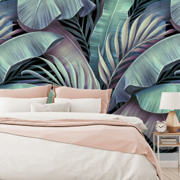 Fototapeta Tropikalny egzotyczny spójny wzór. Piękna palma, liście bananowca. Ręcznie rysowane vintage ilustracja 3D. Glamorous abstrakcyjna dżungla tło projekt. Dla luksusowych tapet, tkaniny, drukowanie tkanin, towarów