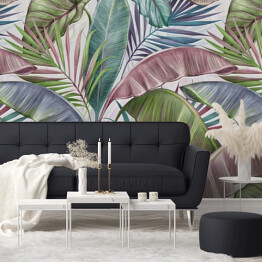 Fototapeta Tropikalny egzotyczny luksusowy spójny wzór z pastelowym kolorem liście bananowca, palma, colocasia. Ręcznie rysowane ilustracji 3D. Vintage glamorous projekt sztuki. Dobre dla tapet, tkaniny, drukowanie tkanin, mural