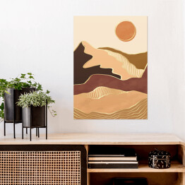 Plakat Abstrakcyjny nowoczesny krajobraz boho z górami, wzgórzami, słońcem i złotymi liniami fal konturowych. Współczesny luksusowy minimalistyczny szablon do druku. Wektorowa ilustracja geometrycznej sceny wzgórza w stylu chińskim