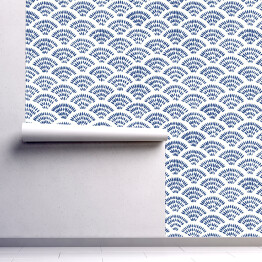 Tapeta samoprzylepna w rolce Fala seigaiha spójny wzór. Uroczy niebieski i biały druk w kropki. Ilustracja wektorowa.