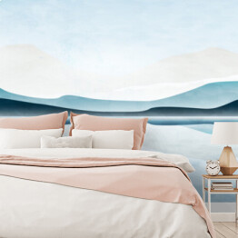 Fototapeta winylowa zmywalna Minimalistyczne tło sztuki akwarelowej z górami i morzem. Krajobraz baner w niebieskich kolorach do dekoracji wnętrz, projektowania, tapety