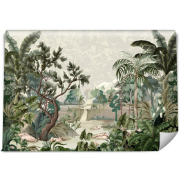 Fototapeta Krajobraz dżungli z rzeką i palmami. Fototapeta do druku we wnętrzu.