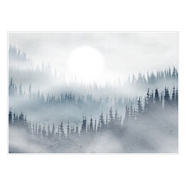 Plakat samoprzylepny Las we mgle 3D z błękitnymi akcentami