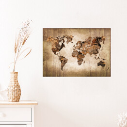 Plakat Mapa świata imitująca rysunek na drewnie