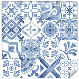 Tapeta winylowa zmywalna w rolce Ornamenty. Niebiesko biała akwarelowa mozaika. Imitacja płytek