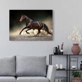 Obraz na płótnie Czarny koń galopujący w kurzu pustyni