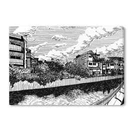Obraz na płótnie Wiejskie domy nad kanałem wodnym w Matsuyamie - rysunek tuszem 