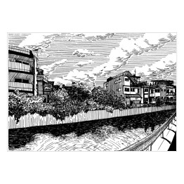 Plakat Wiejskie domy nad kanałem wodnym w Matsuyamie - rysunek tuszem 