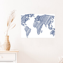 Plakat Mapa świata rysowana niebieskimi kreskami